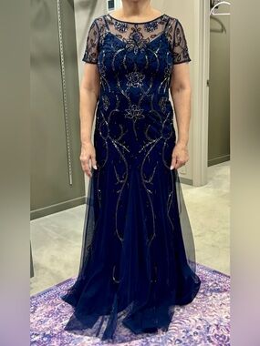 Adrianna Papell Navy Beaded Illusion Neck Evening Gown